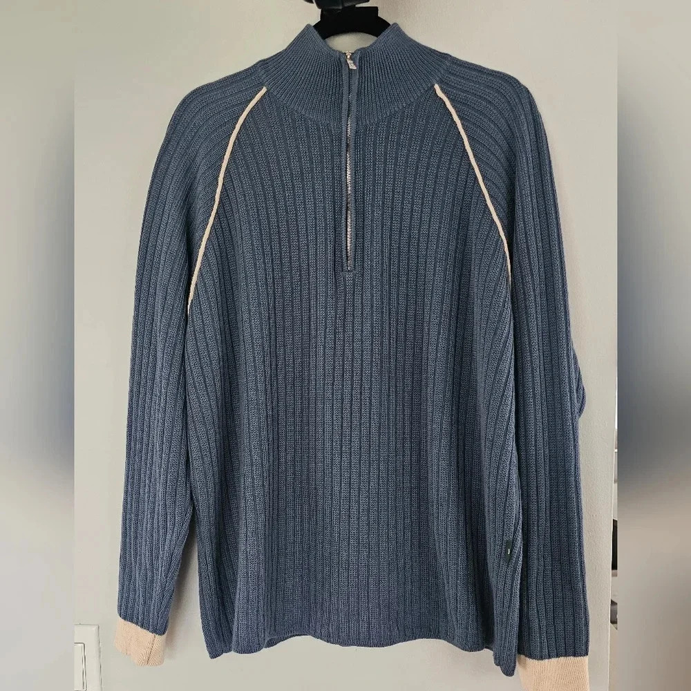Hugo Boss 70% Virgin Wool Made in Italy 1/4 Zip Turtleneck Sweater Blue Size XL